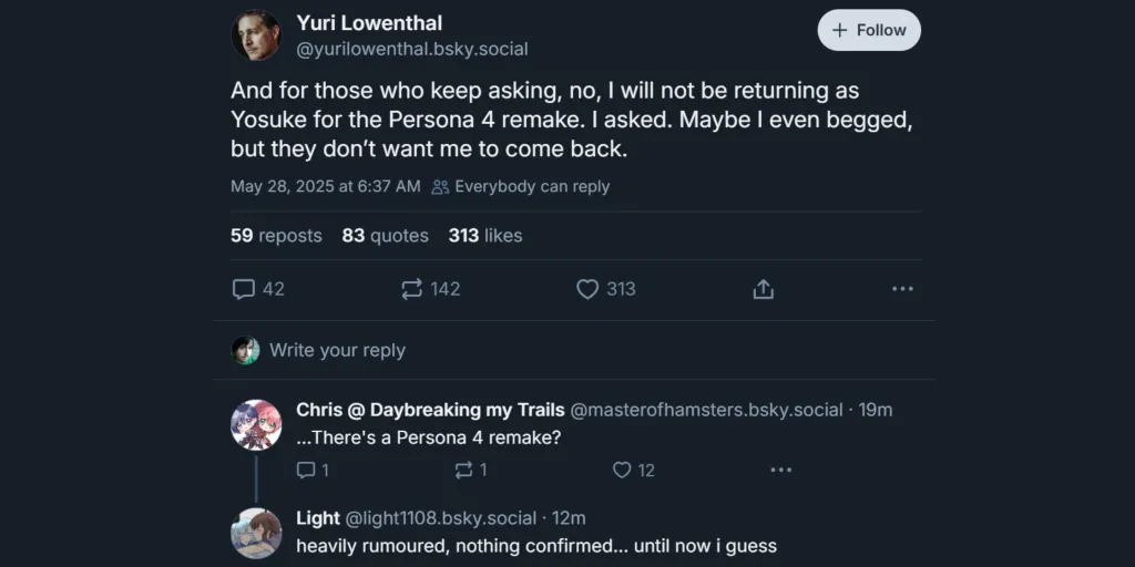 Persona 4 Remake Bluesky post